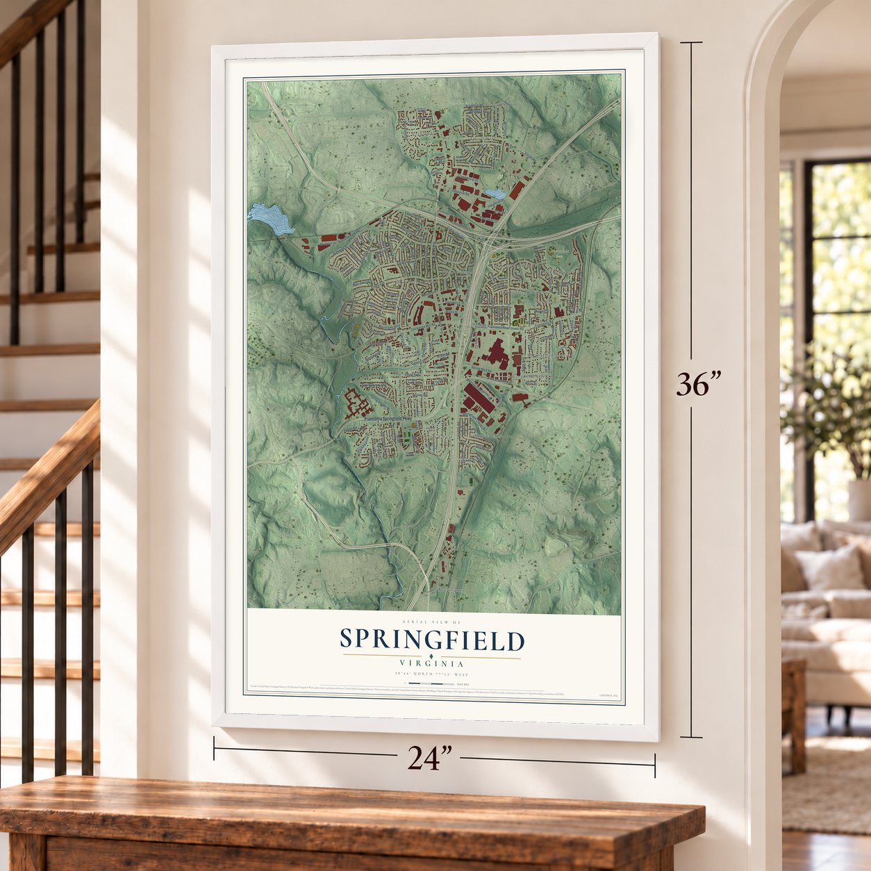 Springfield, Virginia map, 24 x 36 inch print in a white frame by a staircase
