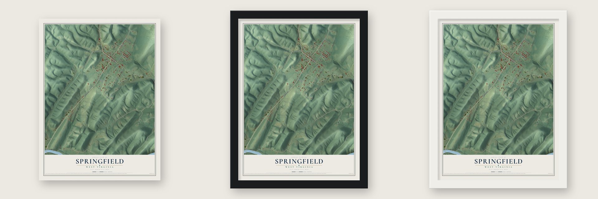 Springfield, West Virginia map unframed, in a black wood frame and in a white wood frame