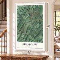 Springfield, West Virginia map, 24 x 36 inch print in a white frame by a staircase