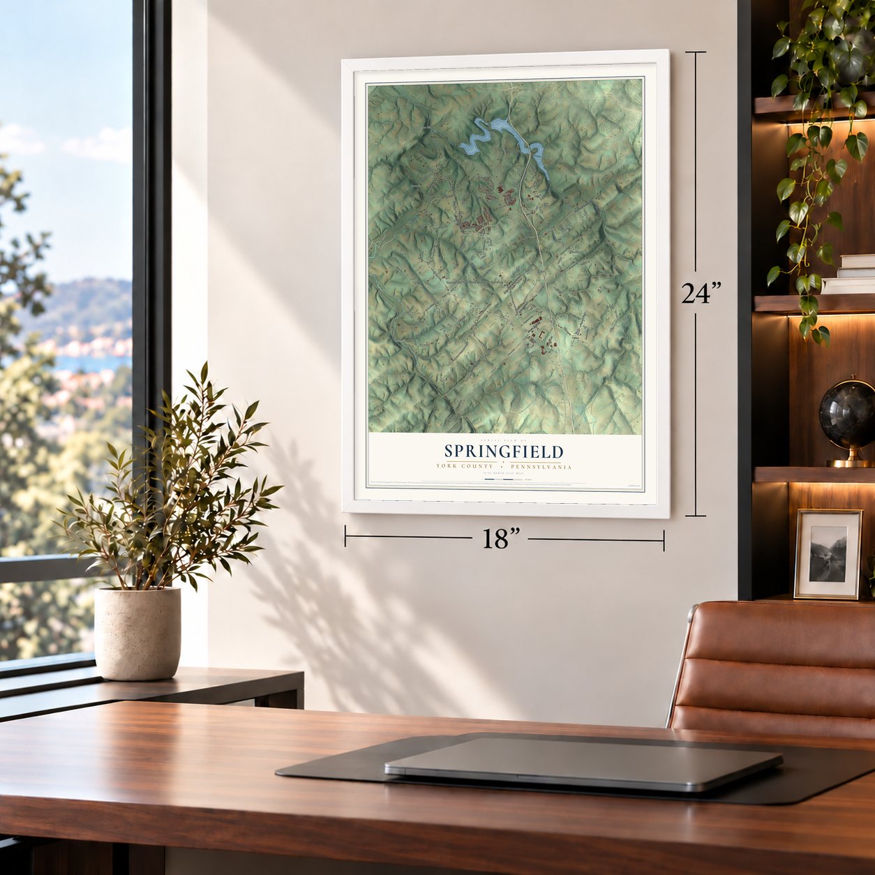 Springfield, York County, Pennsylvania map, 18 x 24 inch print in a white frame in a home office