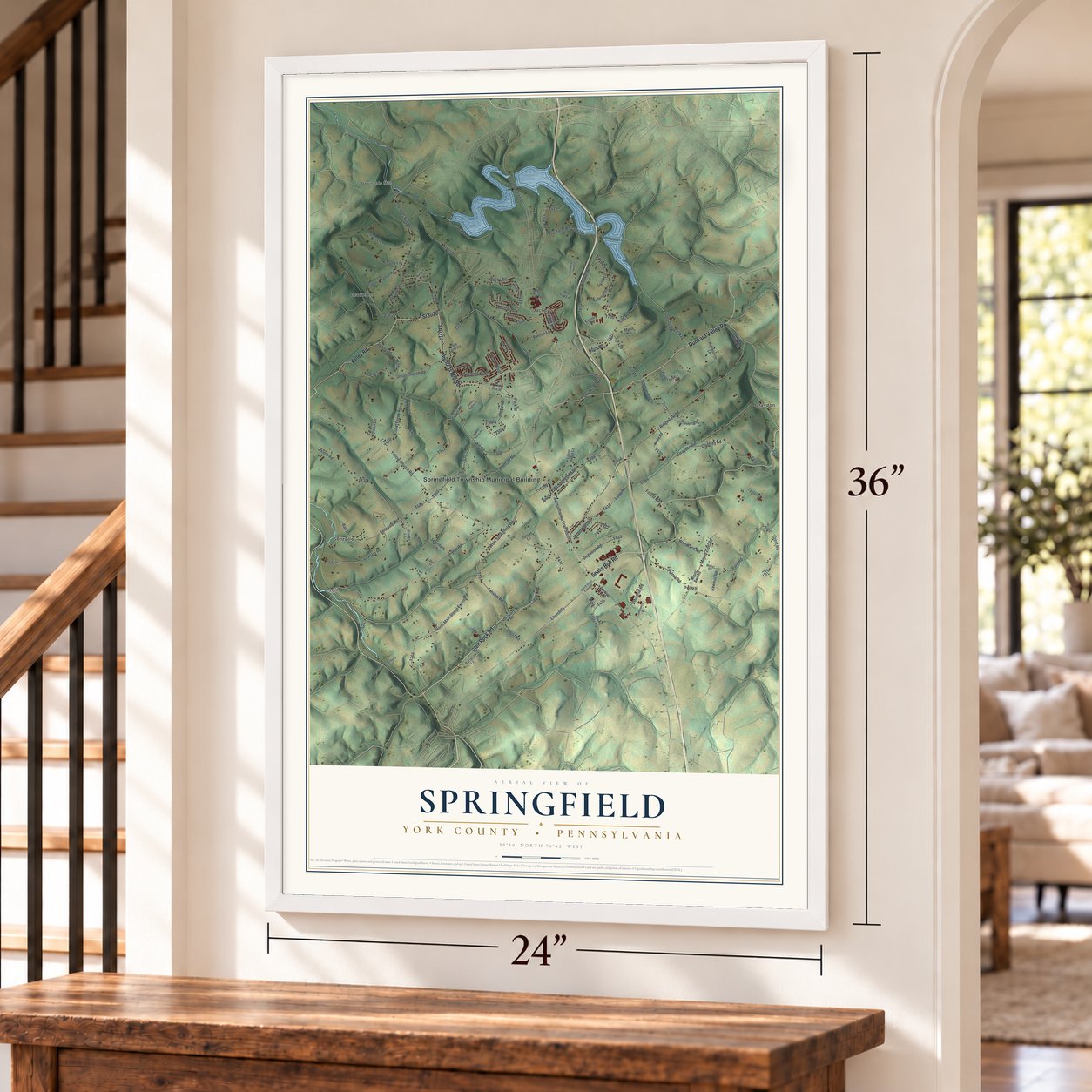 Springfield, York County, Pennsylvania map, 24 x 36 inch print in a white frame by a staircase
