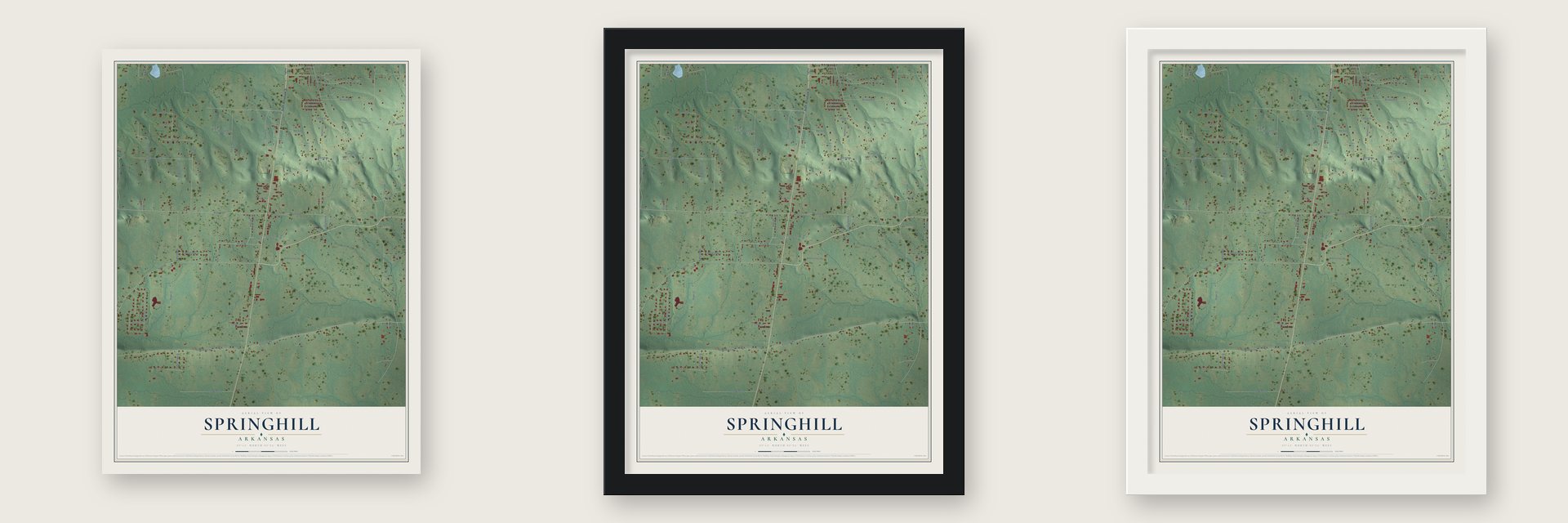 Springhill, Arkansas map unframed, in a black wood frame and in a white wood frame