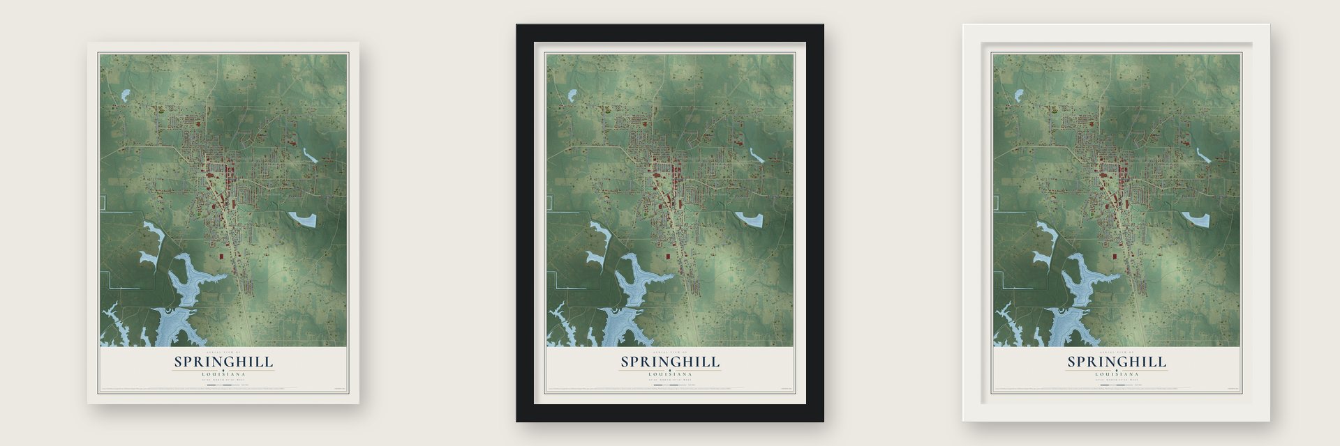 Springhill, Louisiana map unframed, in a black wood frame and in a white wood frame