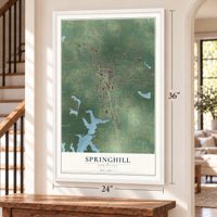 Springhill, Louisiana map, 24 x 36 inch print in a white frame by a staircase