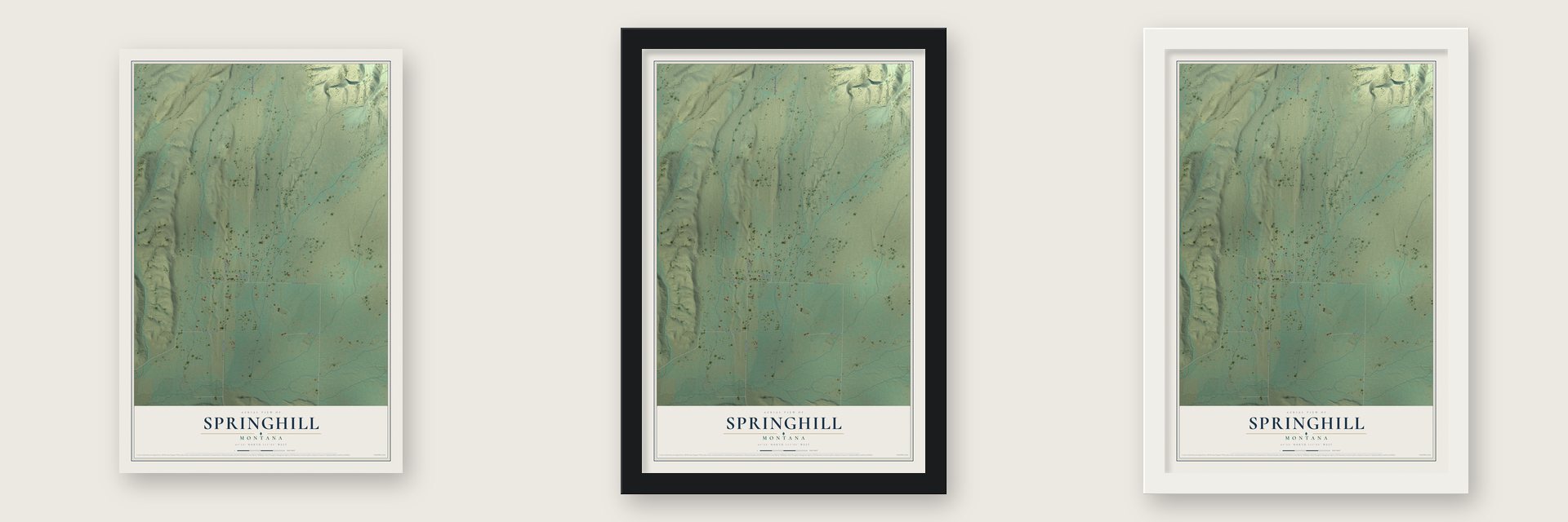 Springhill, Montana map unframed, in a black wood frame and in a white wood frame
