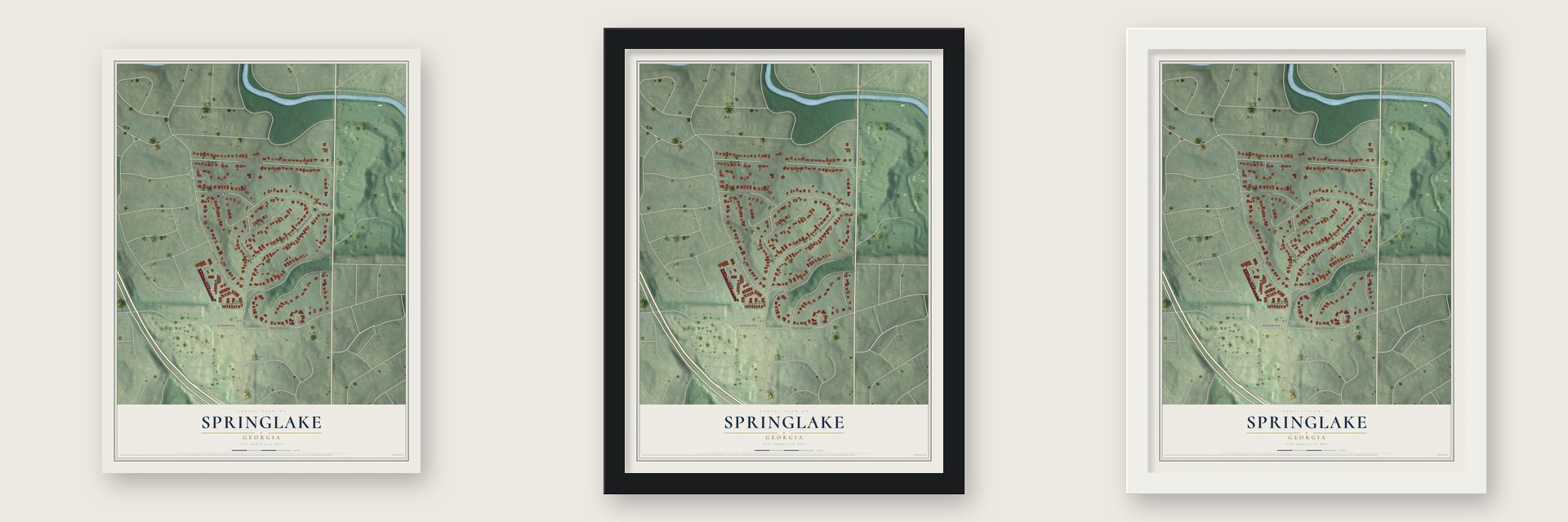 Springlake, Georgia map unframed, in a black wood frame and in a white wood frame
