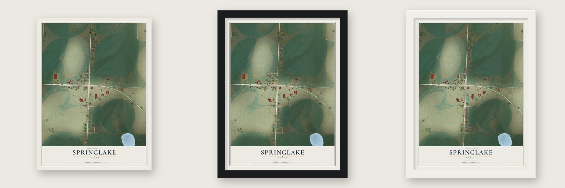 Springlake, Texas map unframed, in a black wood frame and in a white wood frame