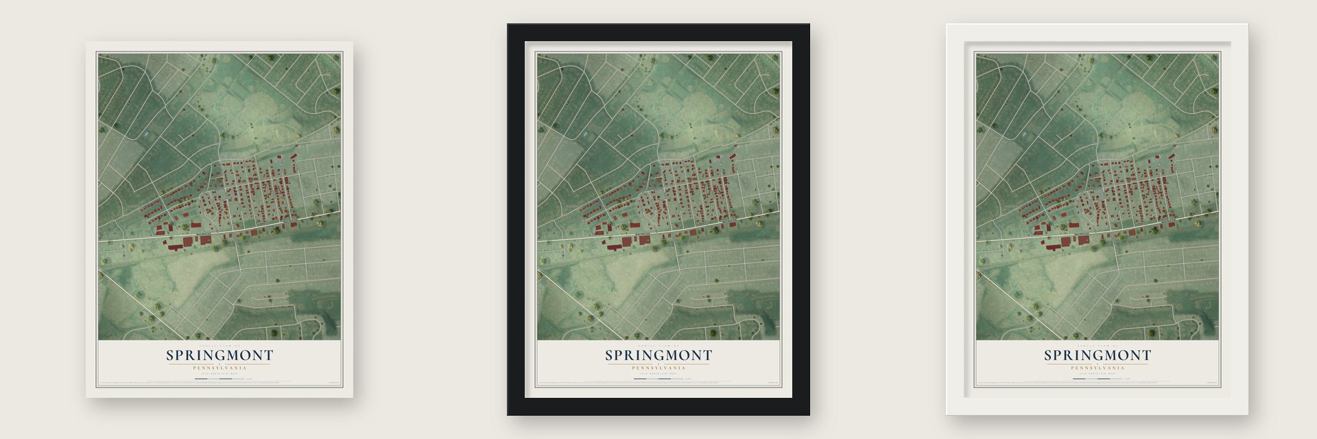Springmont, Pennsylvania map unframed, in a black wood frame and in a white wood frame