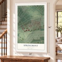 Springmont, Pennsylvania map, 24 x 36 inch print in a white frame by a staircase