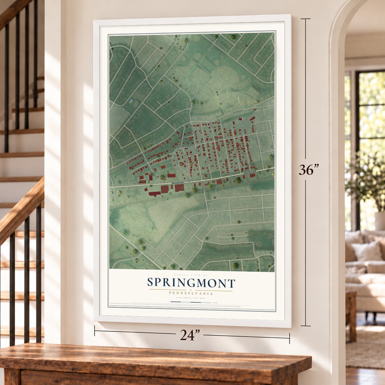 Springmont, Pennsylvania map, 24 x 36 inch print in a white frame by a staircase