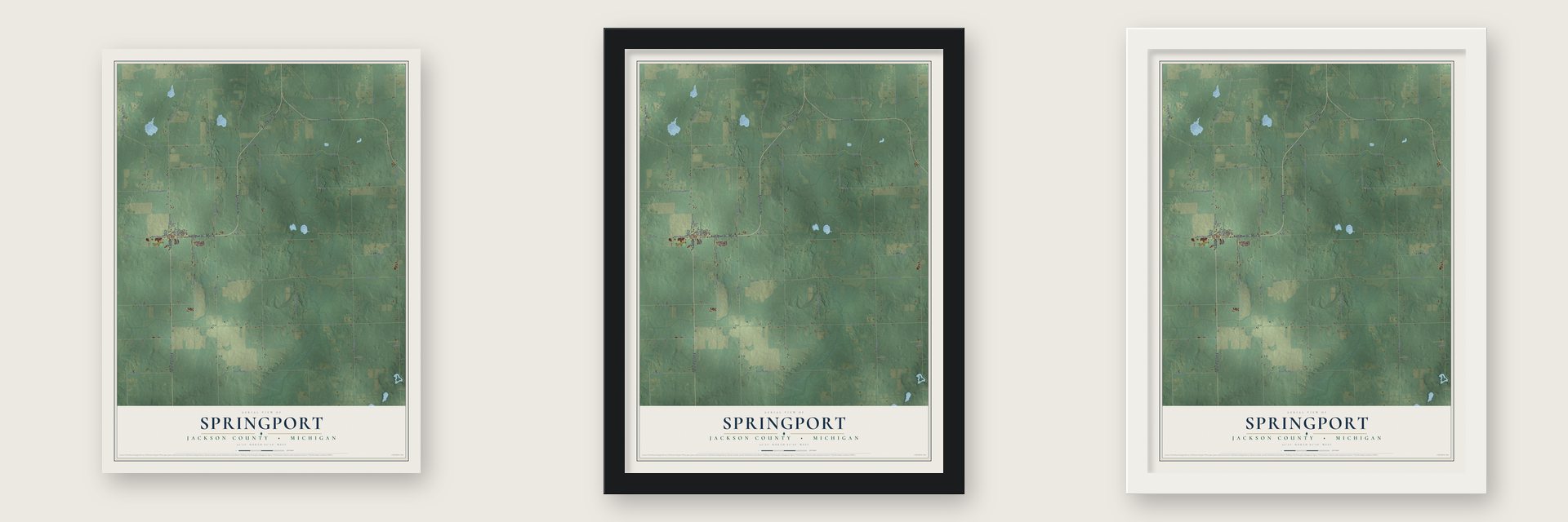 Springport, Jackson County, Michigan map unframed, in a black wood frame and in a white wood frame