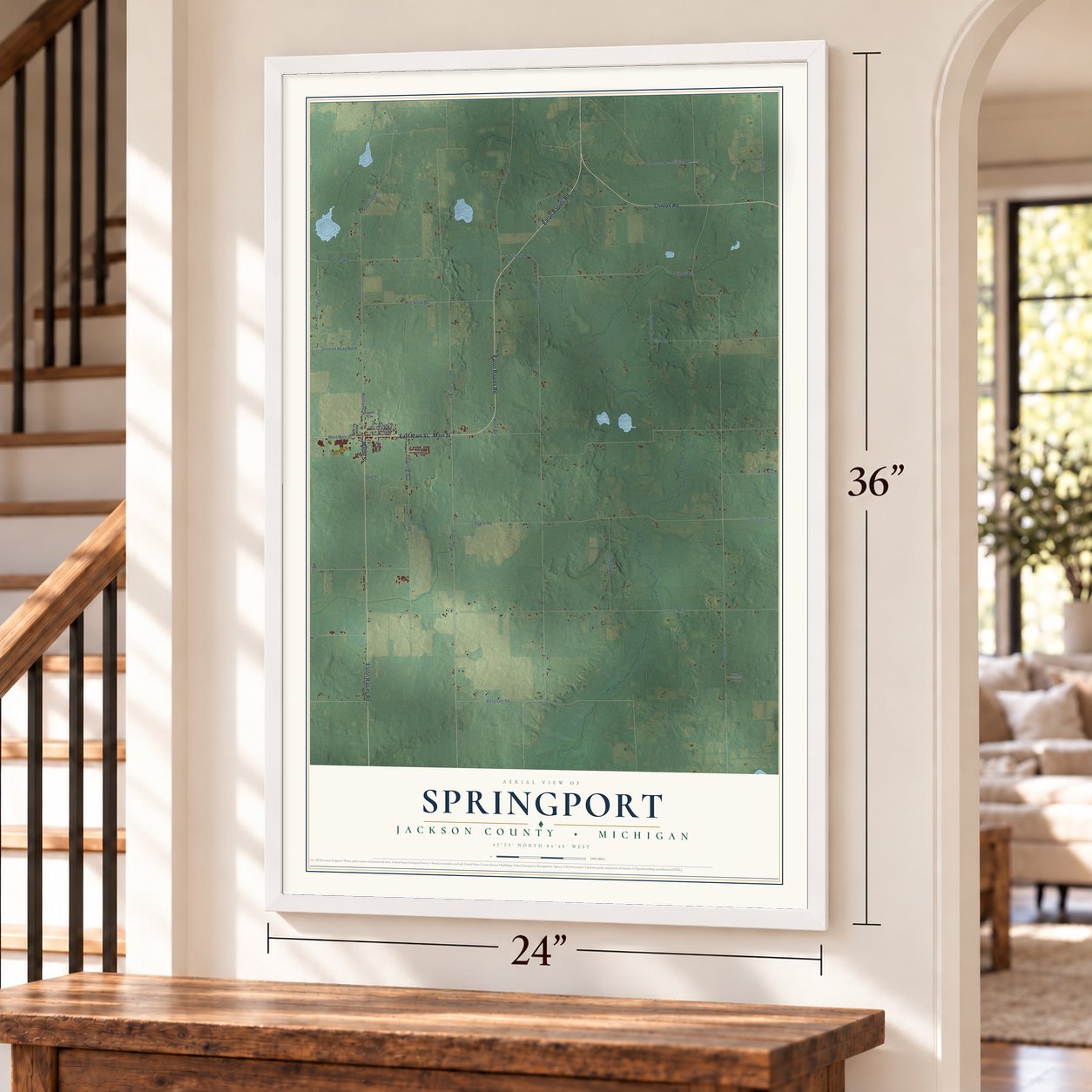 Springport, Jackson County, Michigan map, 24 x 36 inch print in a white frame by a staircase