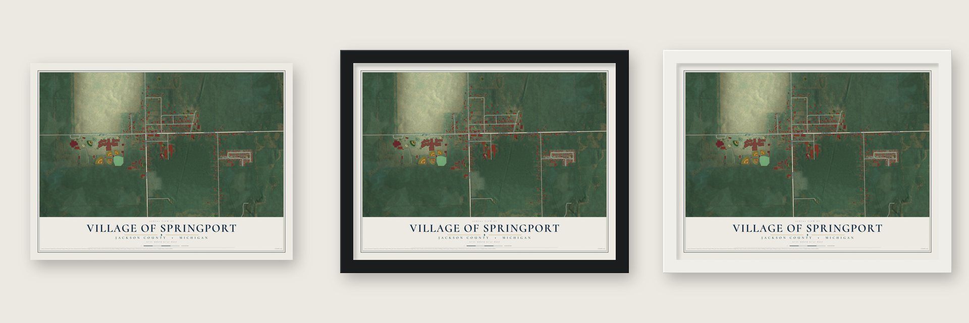 Springport, Michigan map unframed, in a black wood frame and in a white wood frame