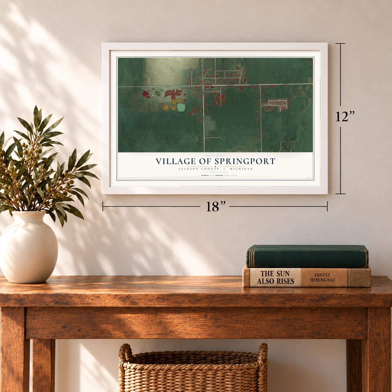 Springport, Michigan map, 12 x 18 inch print in a white frame in an entryway