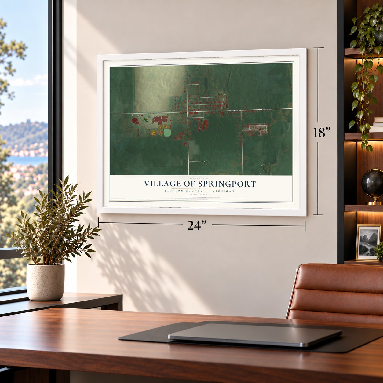 Springport, Michigan map, 18 x 24 inch print in a white frame in a home office