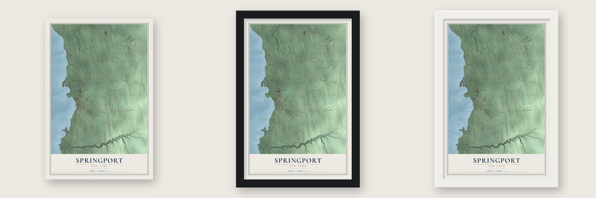 Springport, New York map unframed, in a black wood frame and in a white wood frame