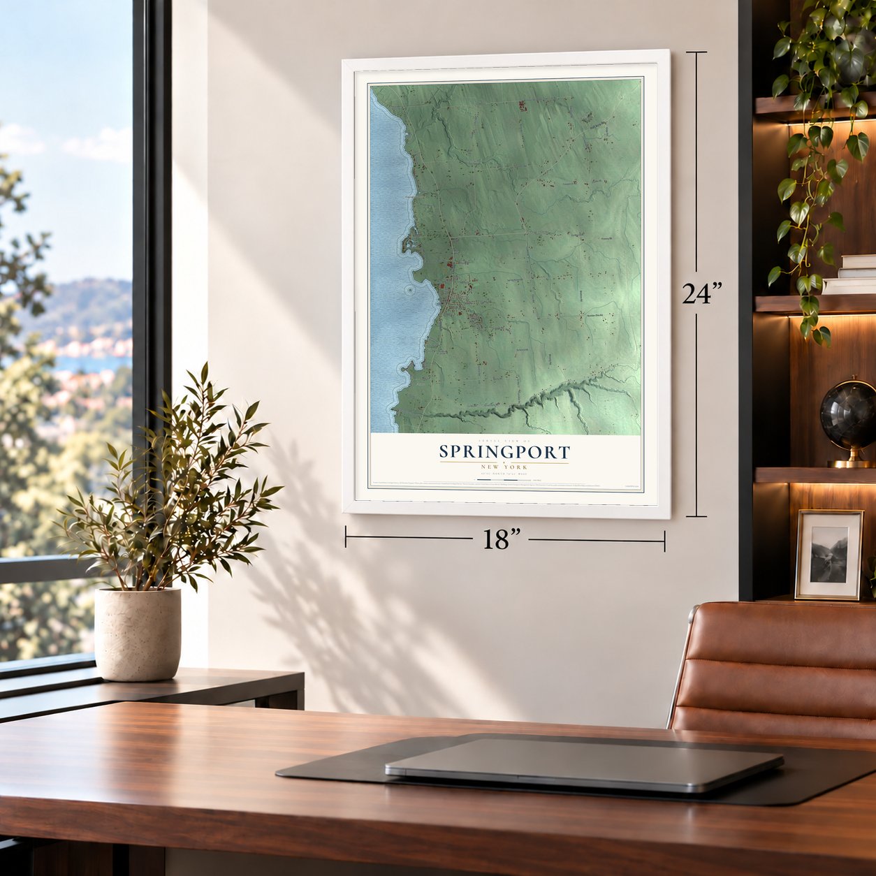 Springport, New York map, 18 x 24 inch print in a white frame in a home office