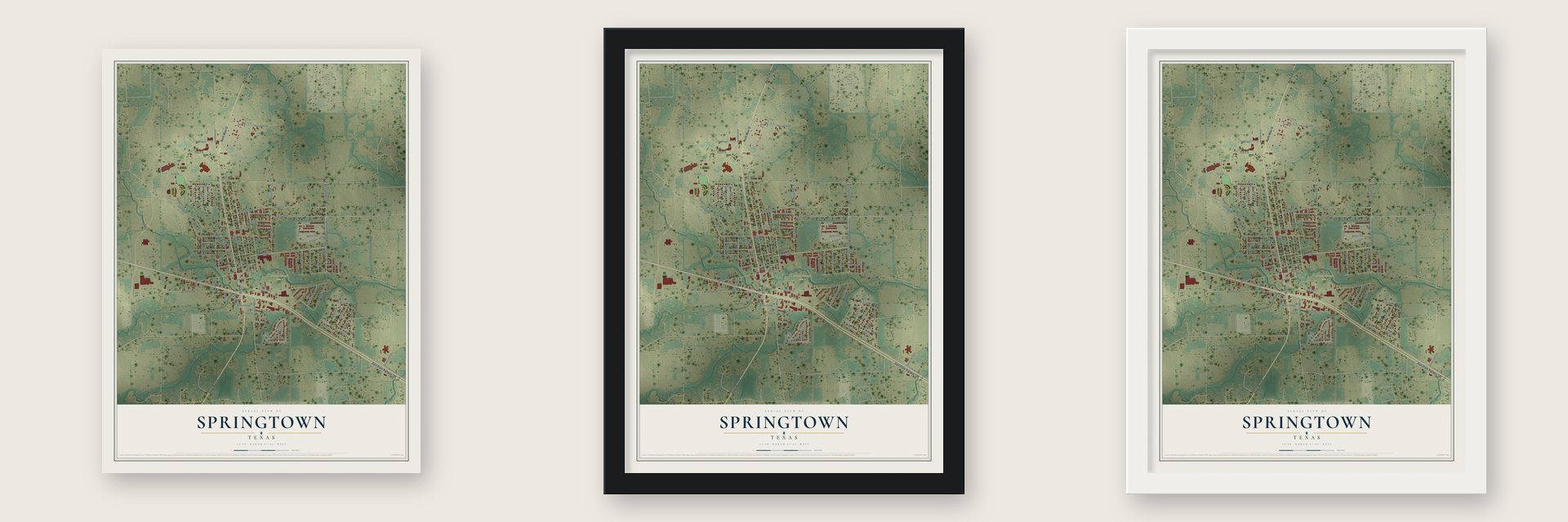 Springtown, Texas map unframed, in a black wood frame and in a white wood frame