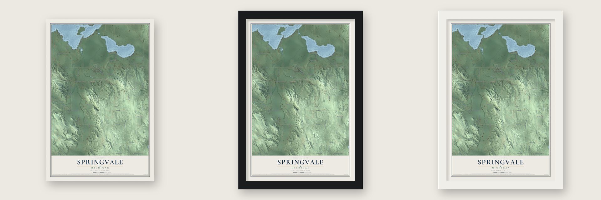 Springvale, Michigan map unframed, in a black wood frame and in a white wood frame