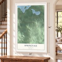 Springvale, Michigan map, 24 x 36 inch print in a white frame by a staircase