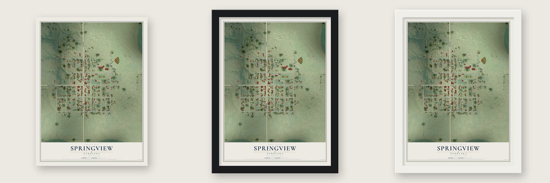Springview, Nebraska map unframed, in a black wood frame and in a white wood frame