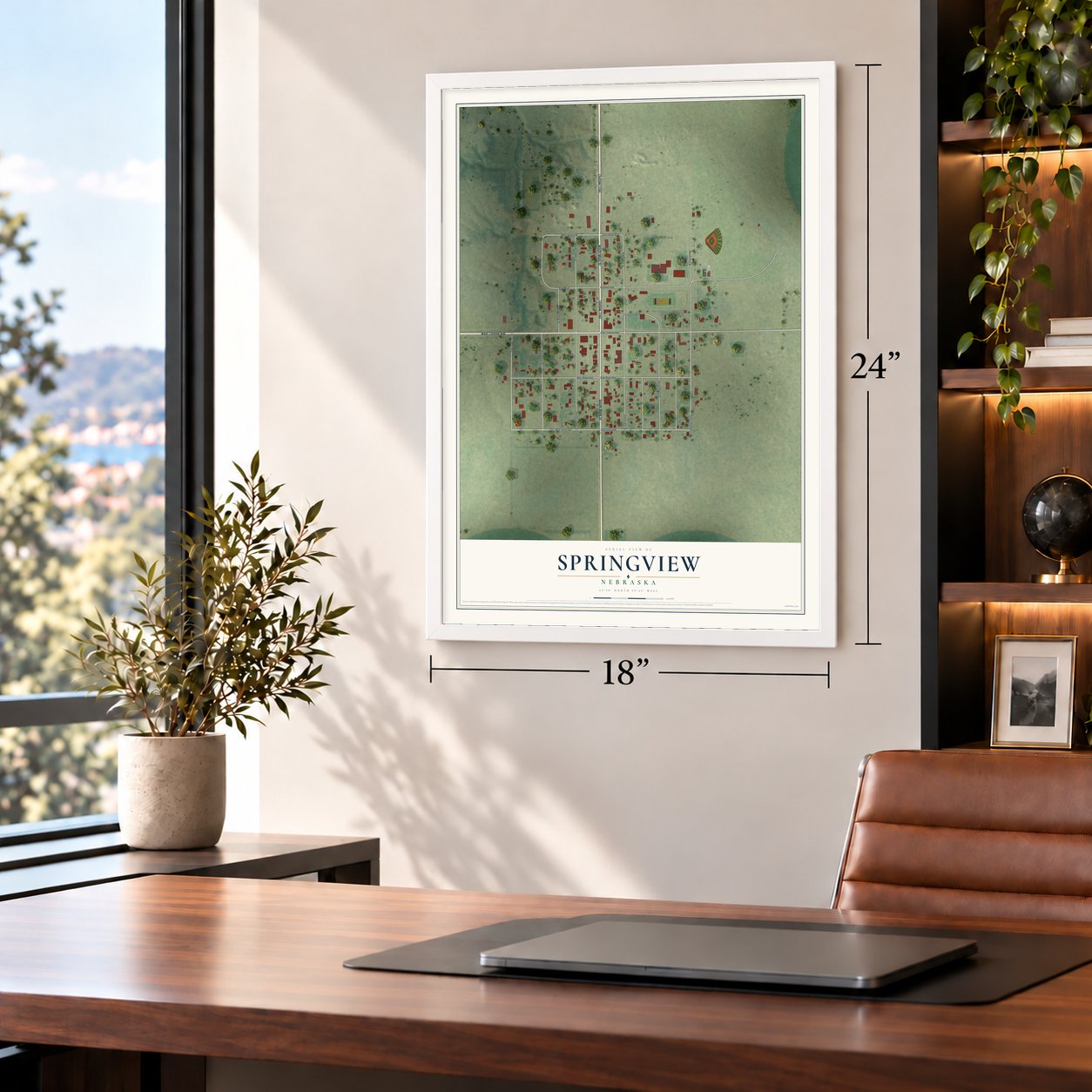 Springview, Nebraska map, 18 x 24 inch print in a white frame in a home office