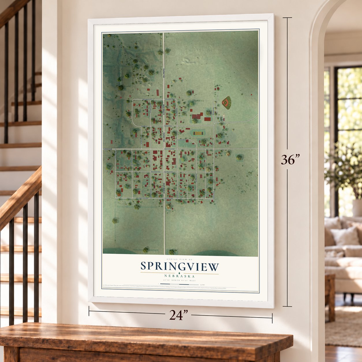 Springview, Nebraska map, 24 x 36 inch print in a white frame by a staircase