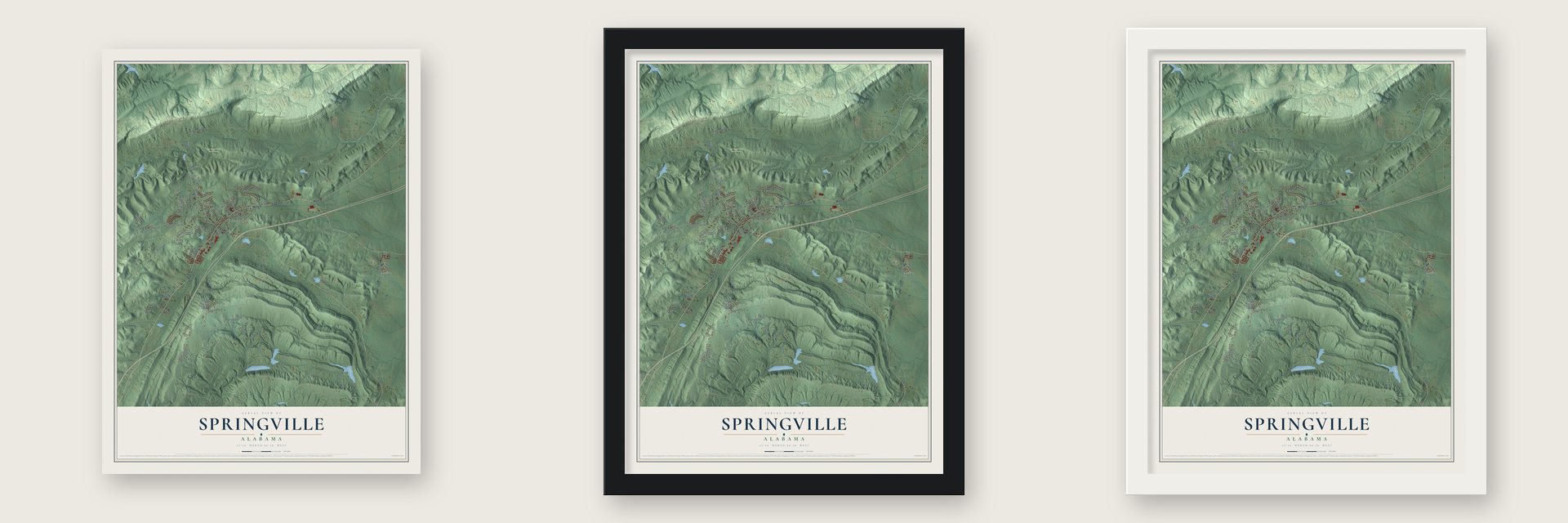Springville, Alabama map unframed, in a black wood frame and in a white wood frame