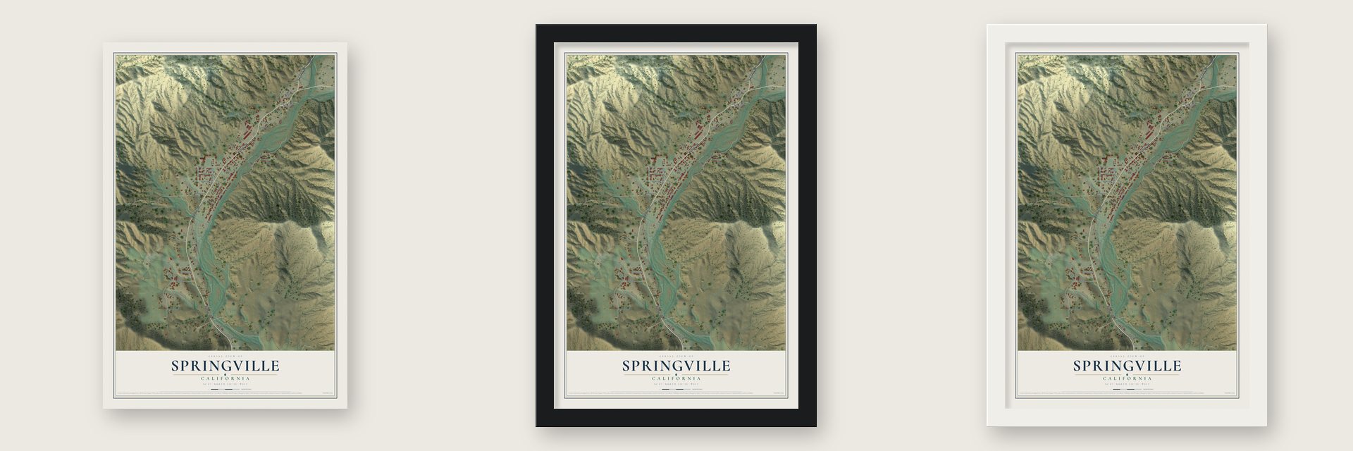 Springville, California map unframed, in a black wood frame and in a white wood frame