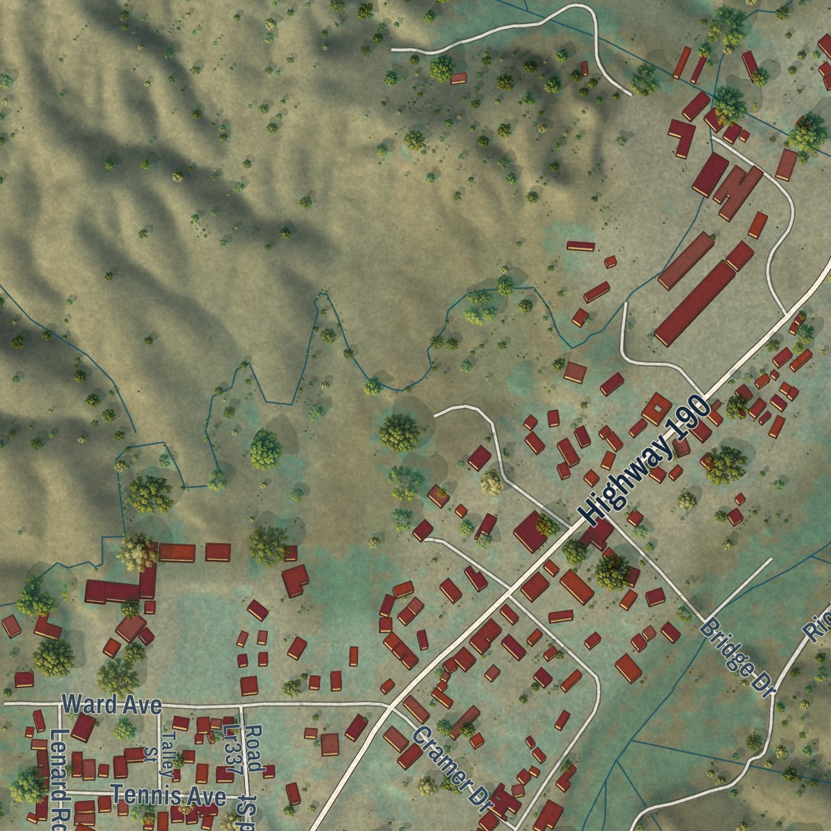 Second close-up of the map of Springville, California print showing more streets and buildings