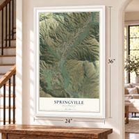 Springville, California map, 24 x 36 inch print in a white frame by a staircase