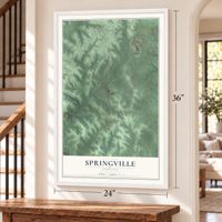 Springville, Indiana map, 24 x 36 inch print in a white frame by a staircase