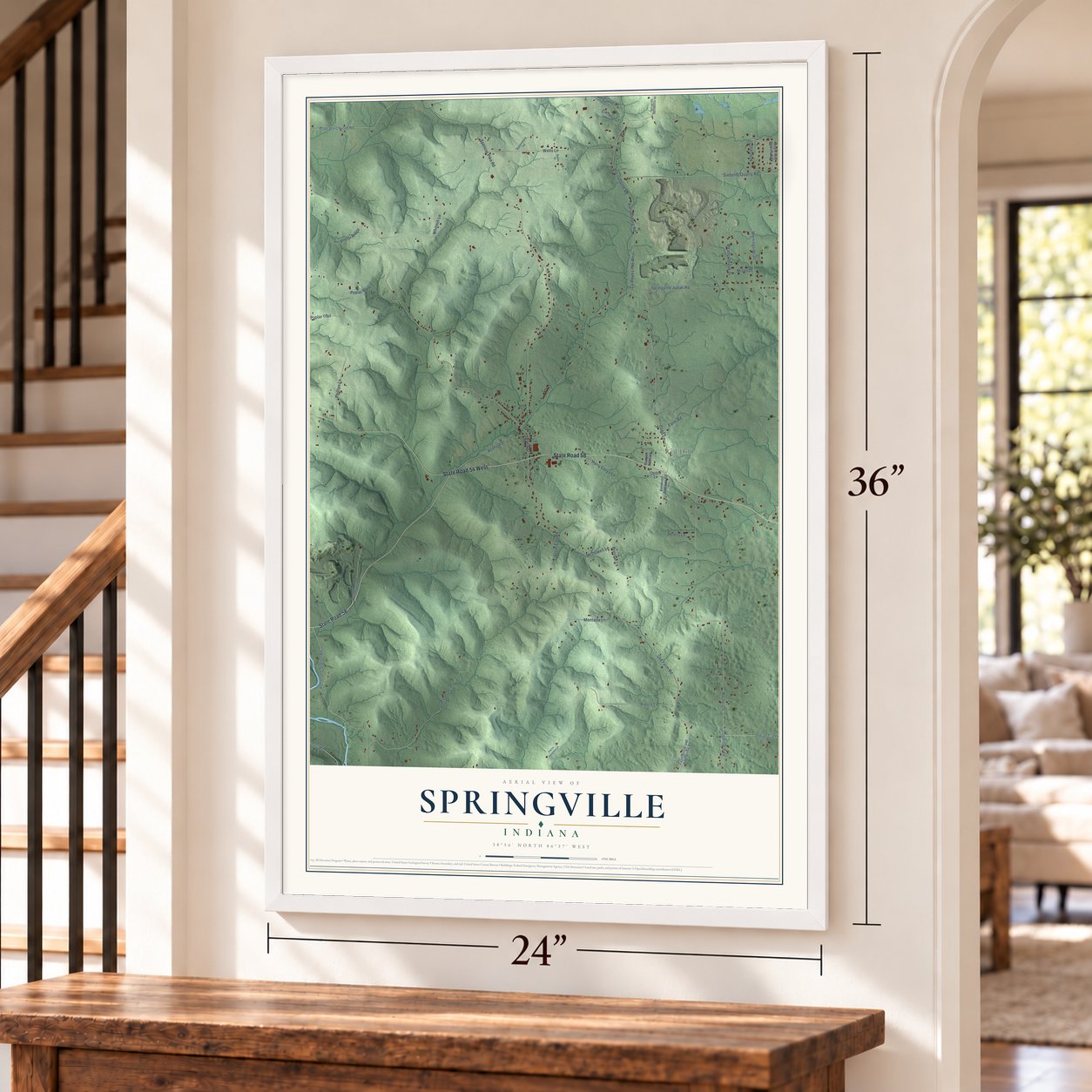 Springville, Indiana map, 24 x 36 inch print in a white frame by a staircase