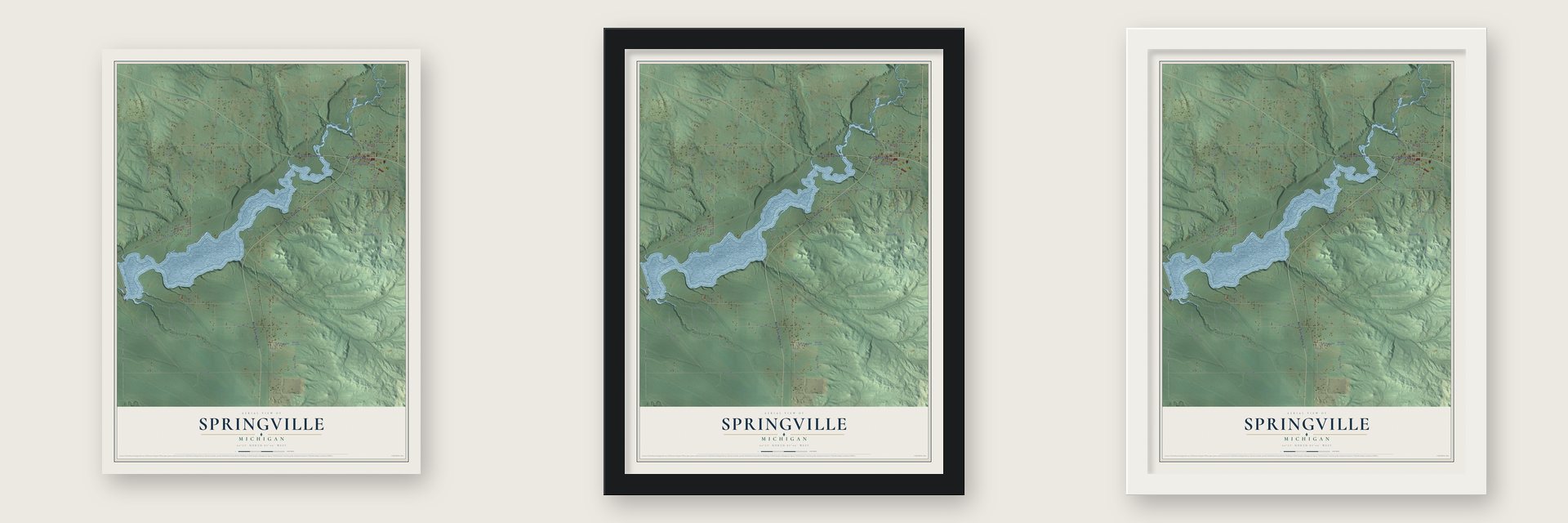Springville, Michigan map unframed, in a black wood frame and in a white wood frame