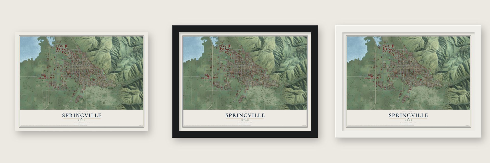 Springville, Utah map unframed, in a black wood frame and in a white wood frame