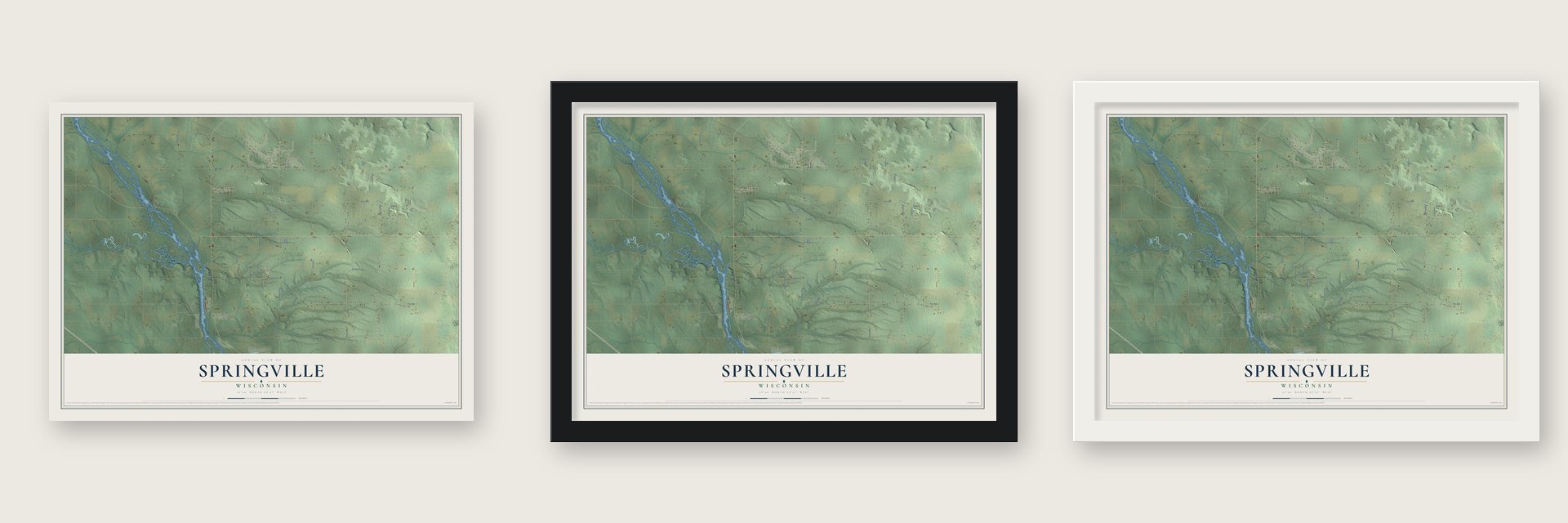 Springville, Wisconsin map unframed, in a black wood frame and in a white wood frame