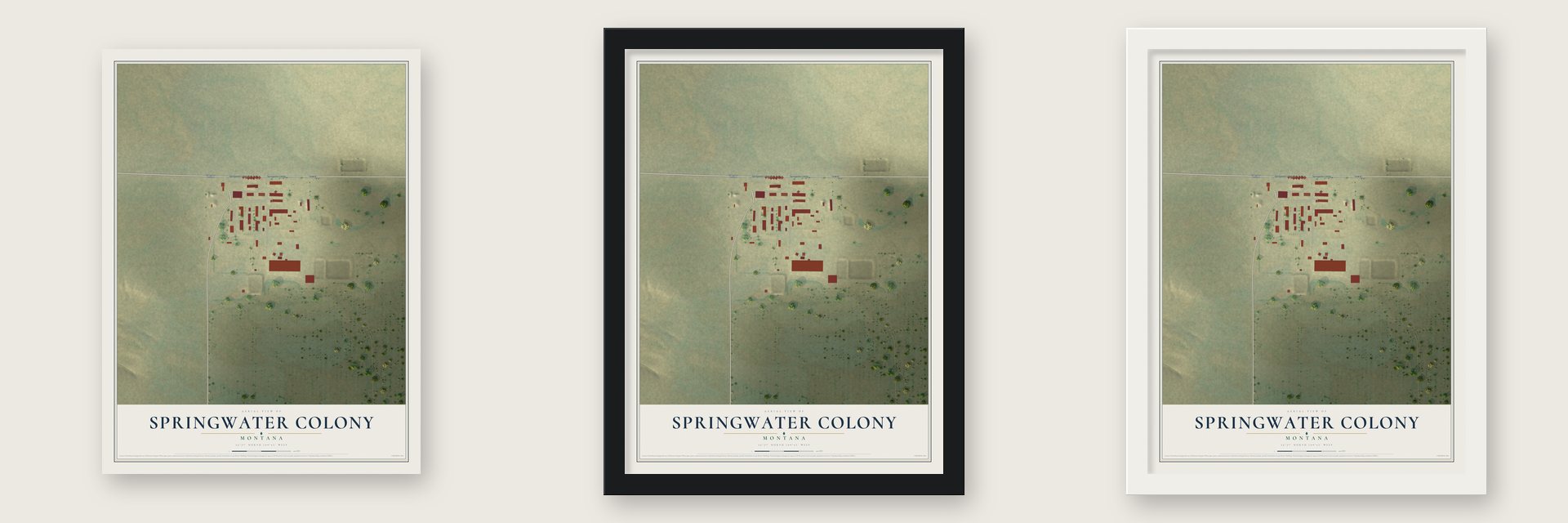 Springwater Colony, Montana map unframed, in a black wood frame and in a white wood frame