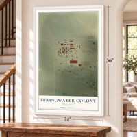 Springwater Colony, Montana map, 24 x 36 inch print in a white frame by a staircase