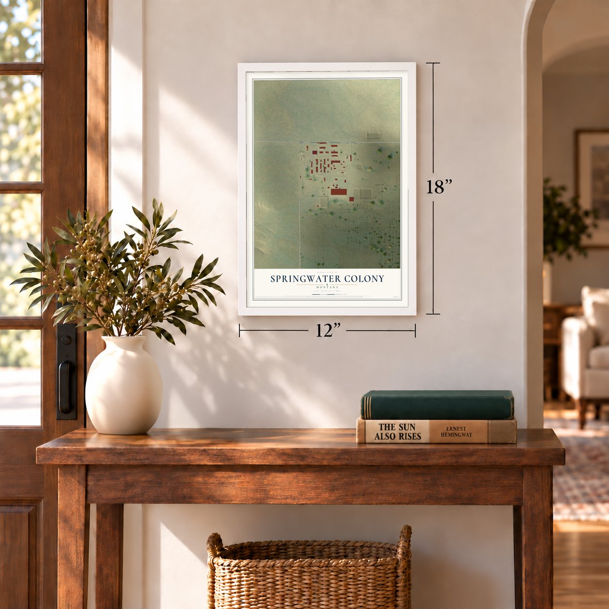 Springwater Colony, Montana map, 12 x 18 inch print in a white frame in an entryway
