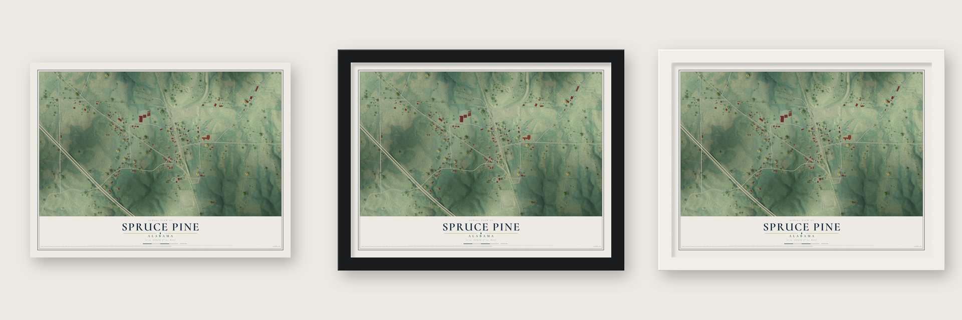 Spruce Pine, Alabama map unframed, in a black wood frame and in a white wood frame