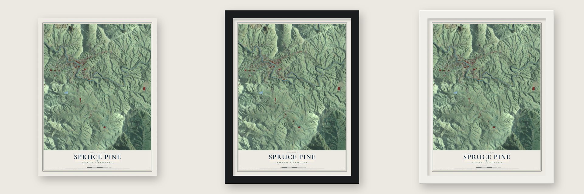 Spruce Pine, North Carolina map unframed, in a black wood frame and in a white wood frame