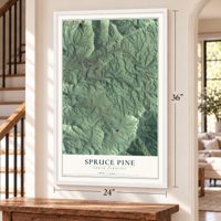 Spruce Pine, North Carolina map, 24 x 36 inch print in a white frame by a staircase