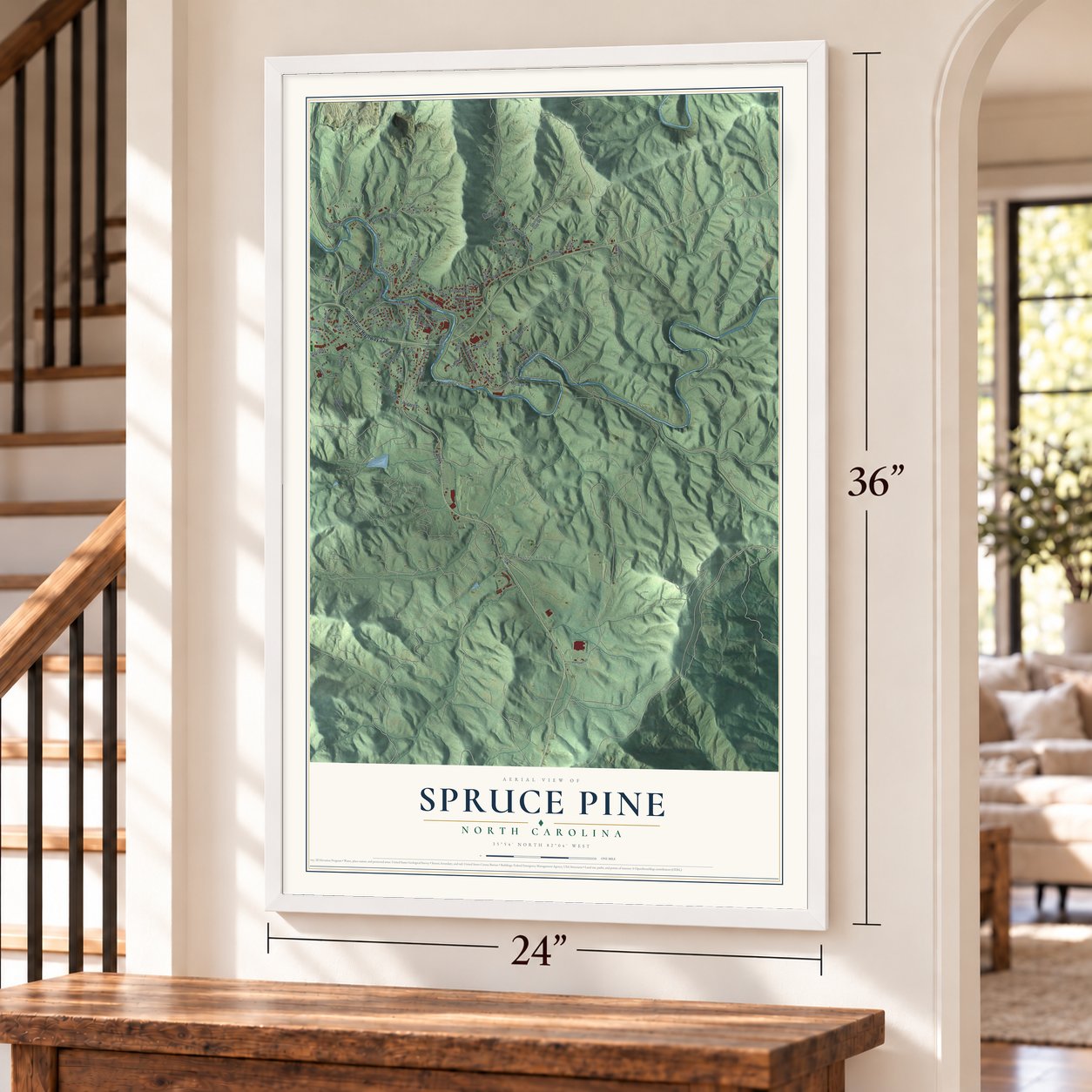 Spruce Pine, North Carolina map, 24 x 36 inch print in a white frame by a staircase