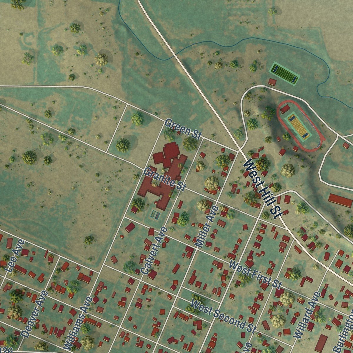 Second close-up of the map of Spur, Texas print showing more streets and buildings