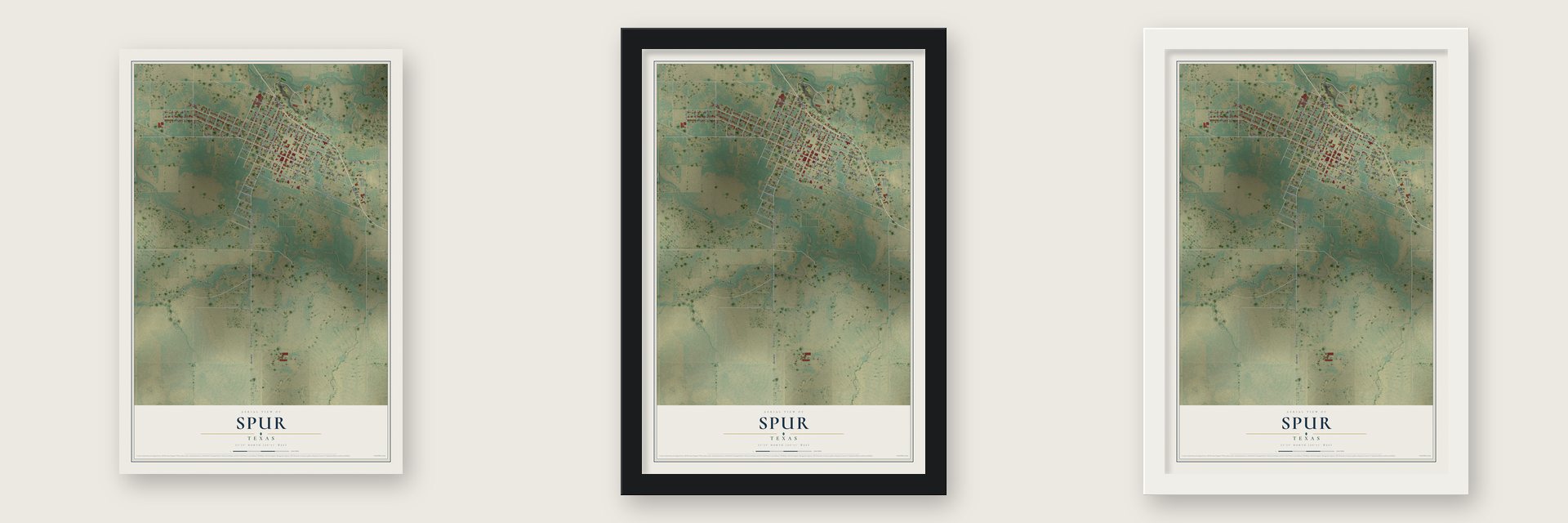 Spur, Texas map unframed, in a black wood frame and in a white wood frame