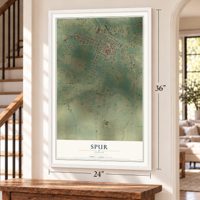 Spur, Texas map, 24 x 36 inch print in a white frame by a staircase