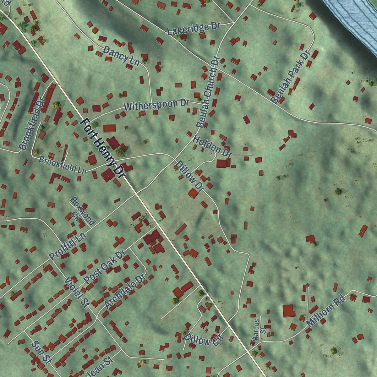 Second close-up of the map of Spurgeon, Tennessee print showing more streets and buildings