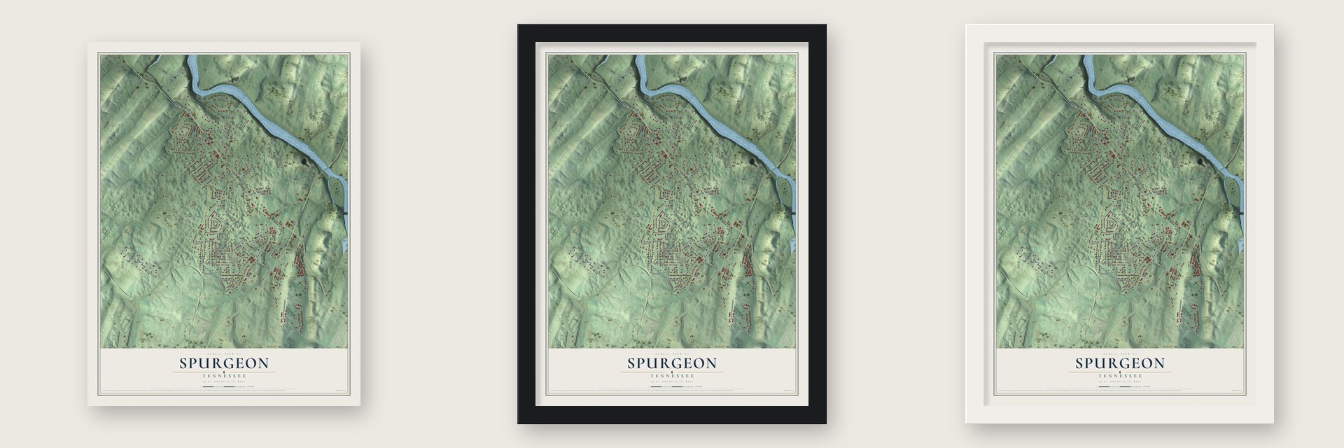 Spurgeon, Tennessee map unframed, in a black wood frame and in a white wood frame