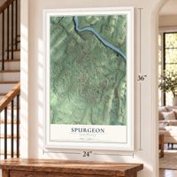Spurgeon, Tennessee map, 24 x 36 inch print in a white frame by a staircase