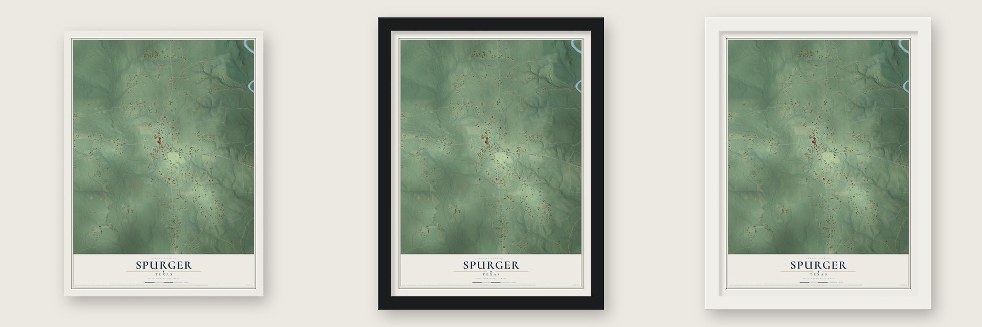 Spurger, Texas map unframed, in a black wood frame and in a white wood frame